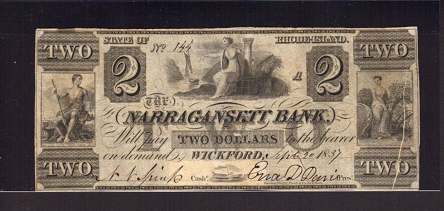 Wickford, RI, Narragansett Bank 1837 $2, VF